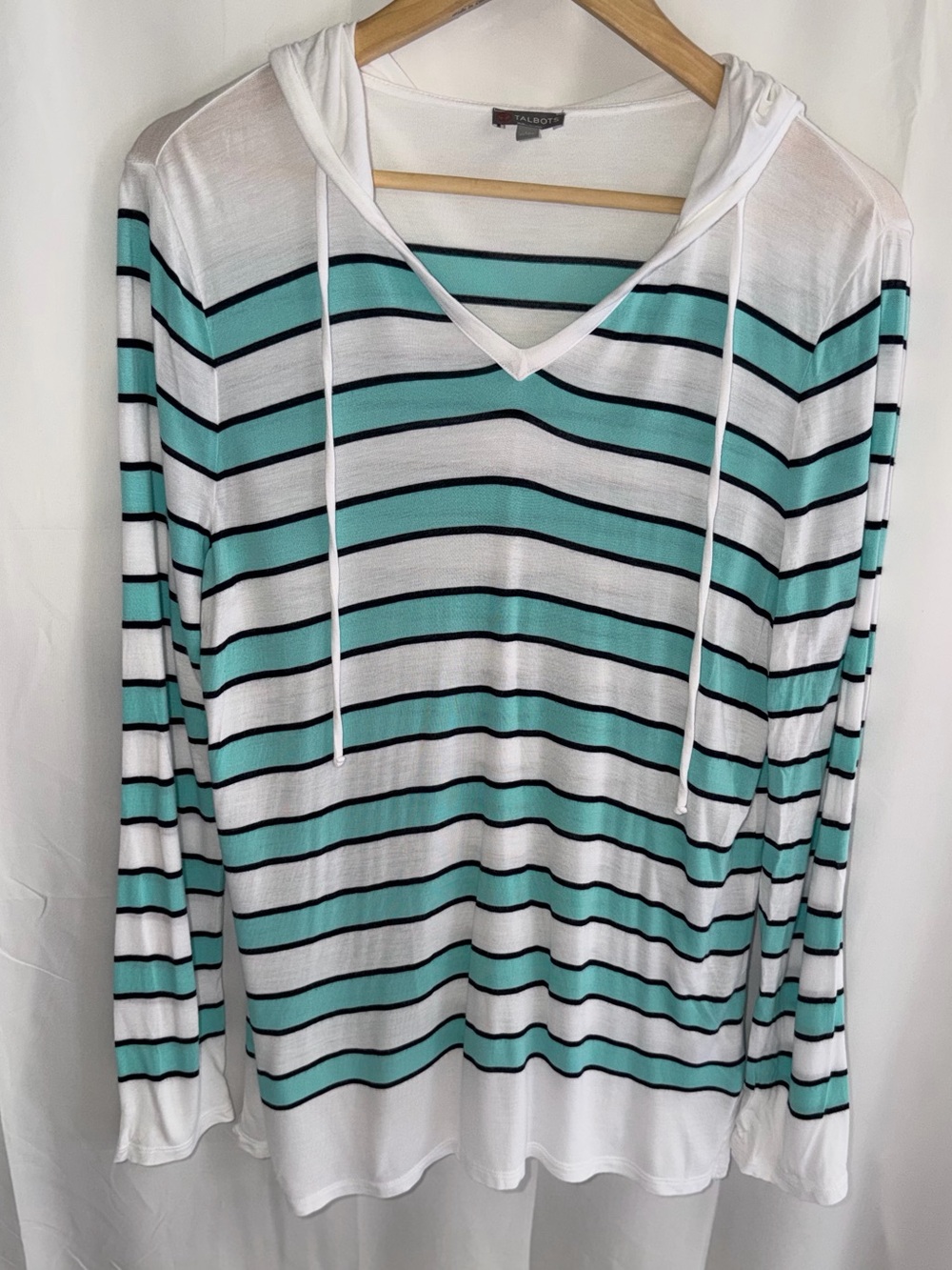 Talbots White, Aqua & Black Striped Hooded V-Neck Top